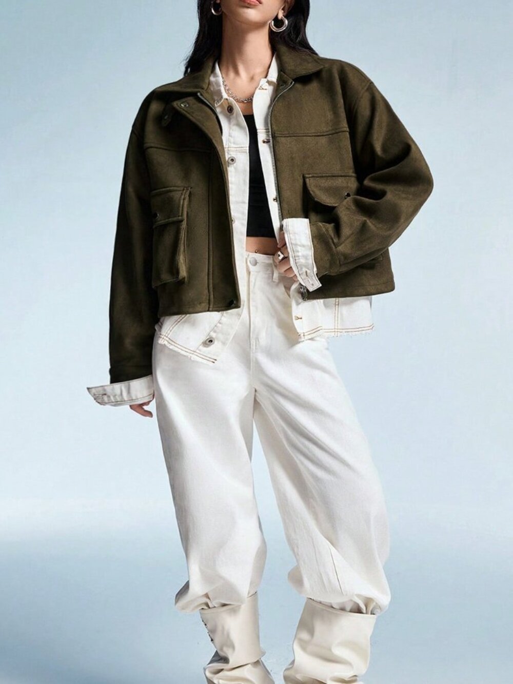 Army Green Casual Women's Suede Lapel Symmetrical Pocket Jacket - Picture 1 of 6